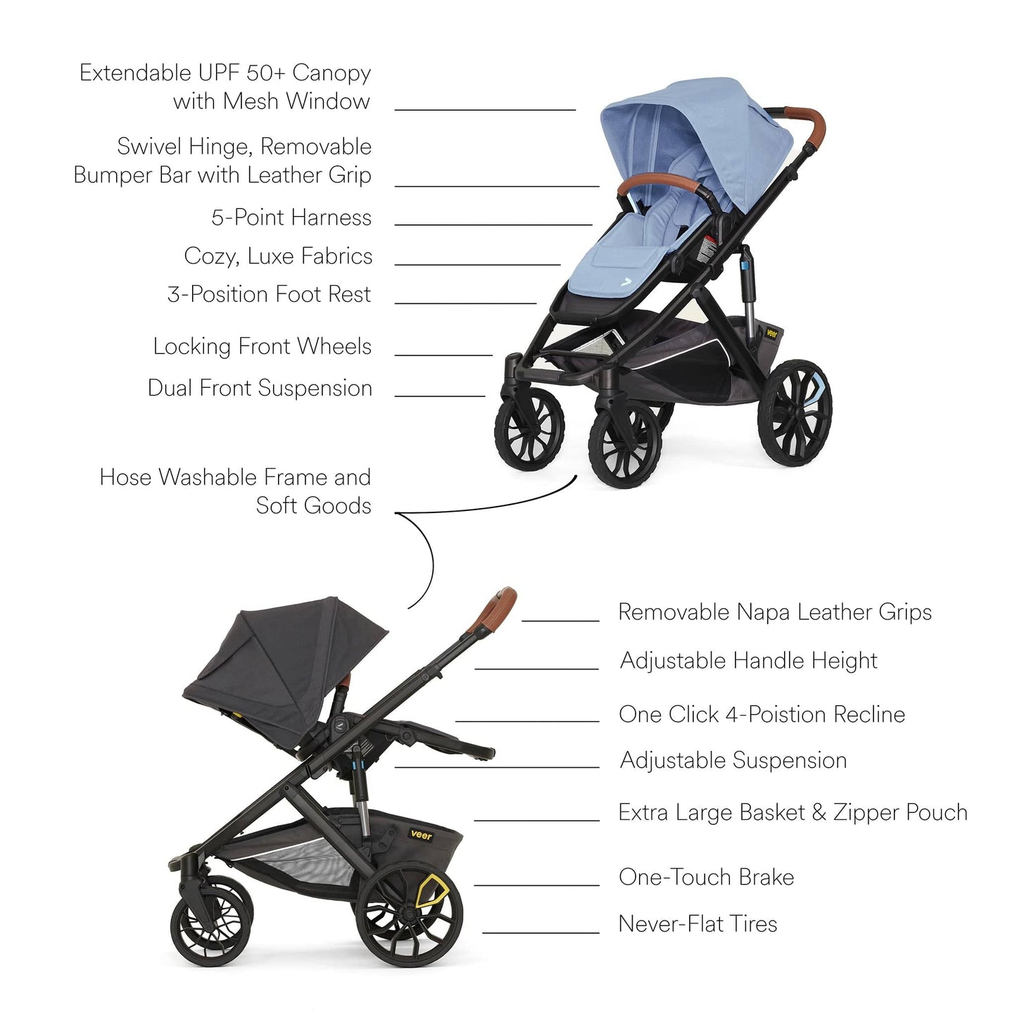 Veer Switch&Roll Luxe Single-to-Double Stroller Bundle with Leather Kit - Blue Beryl - BUN-SNR-LEA-BBRL
