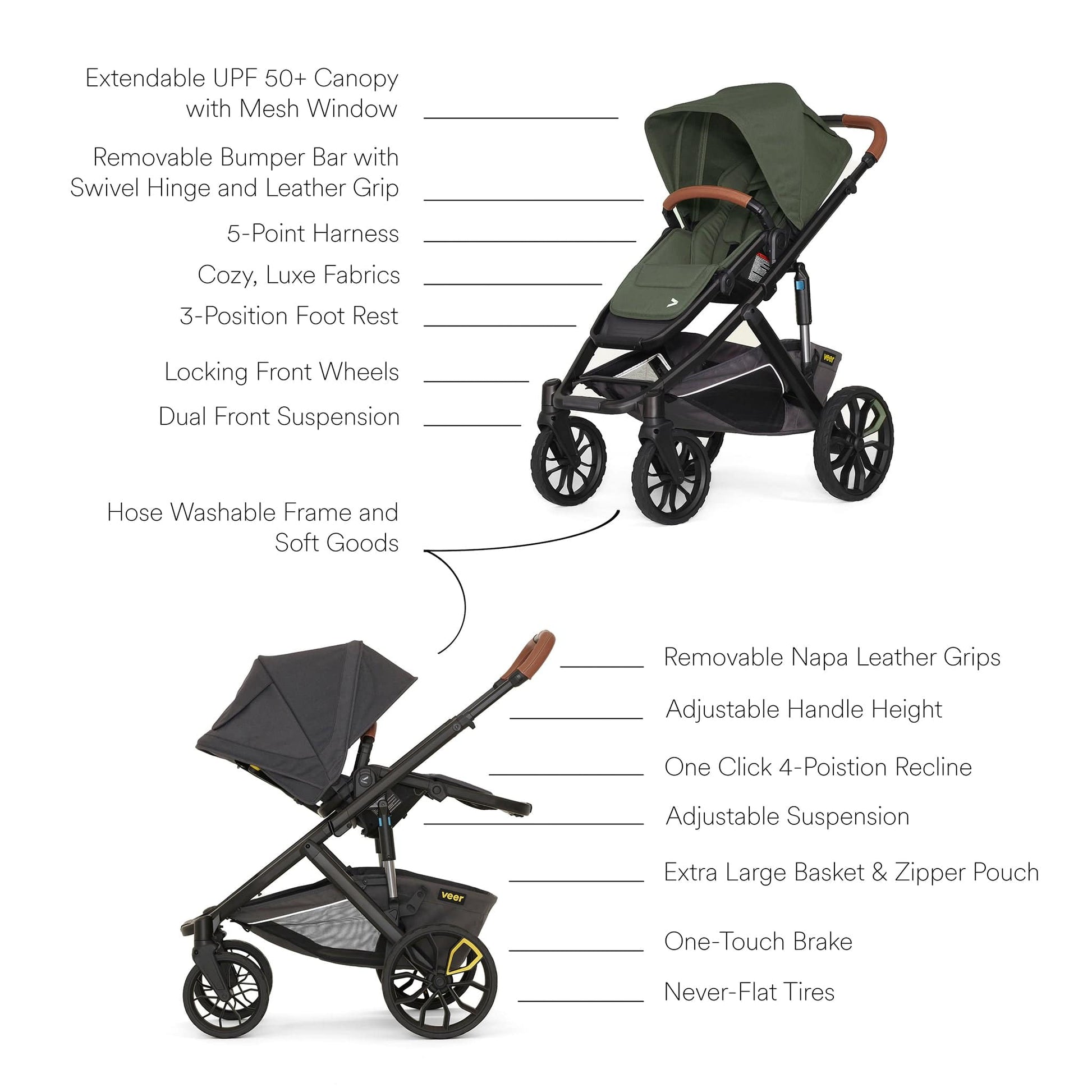 Veer Switch&Roll Luxe Single-to-Double Stroller Bundle with Leather Kit - Green Jasper - BUN-SNR-LEA-GJAS