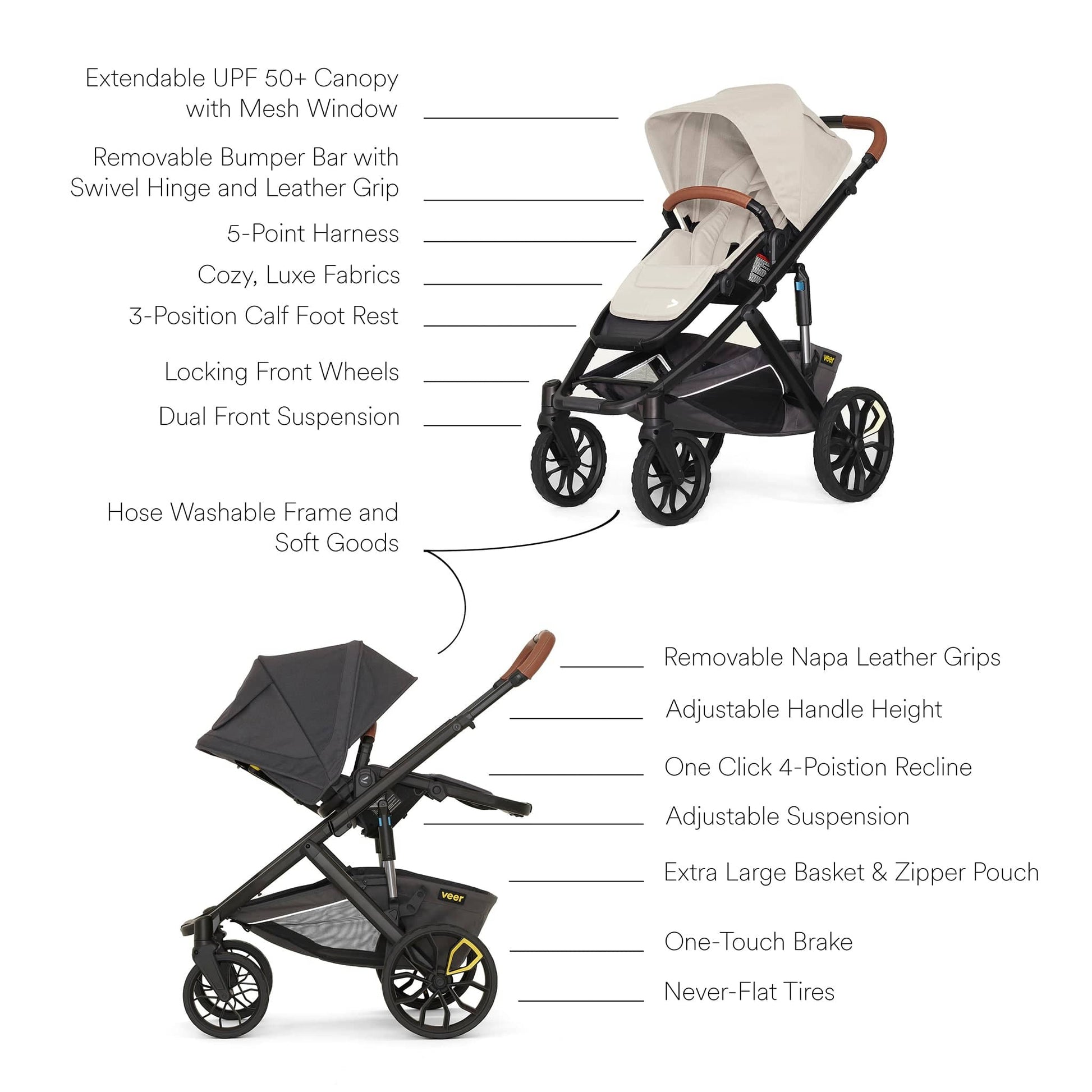 Veer Switch&Roll Luxe Single-to-Double Stroller Bundle with Leather Kit - Natural - BUN-SNR-LEA-NAT