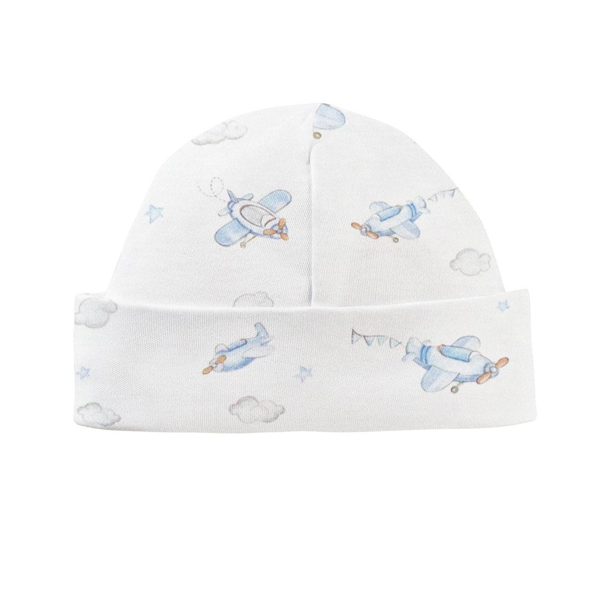Baby Club Chic white baby hat with blue airplane and cloud print