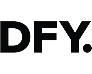 The image displays "DFY." in bold, black lettering against a dark green background. A period follows "Y" on the bottom right.
