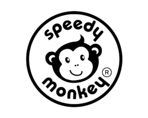 A logo displays a black monkey face inside a black circle with the words "speedy monkey" curved around the top and bottom.
