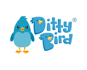 Blue cartoon bird with yellow beak and feet stands beside "Ditty Bird" logo in playful blue font with bird-shaped letters.
