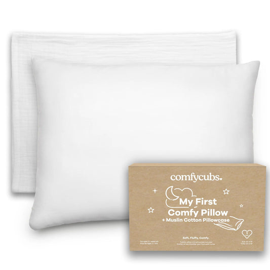 Comfy Cubs Toddler Pillow with Soft Muslin Pillow Case - White