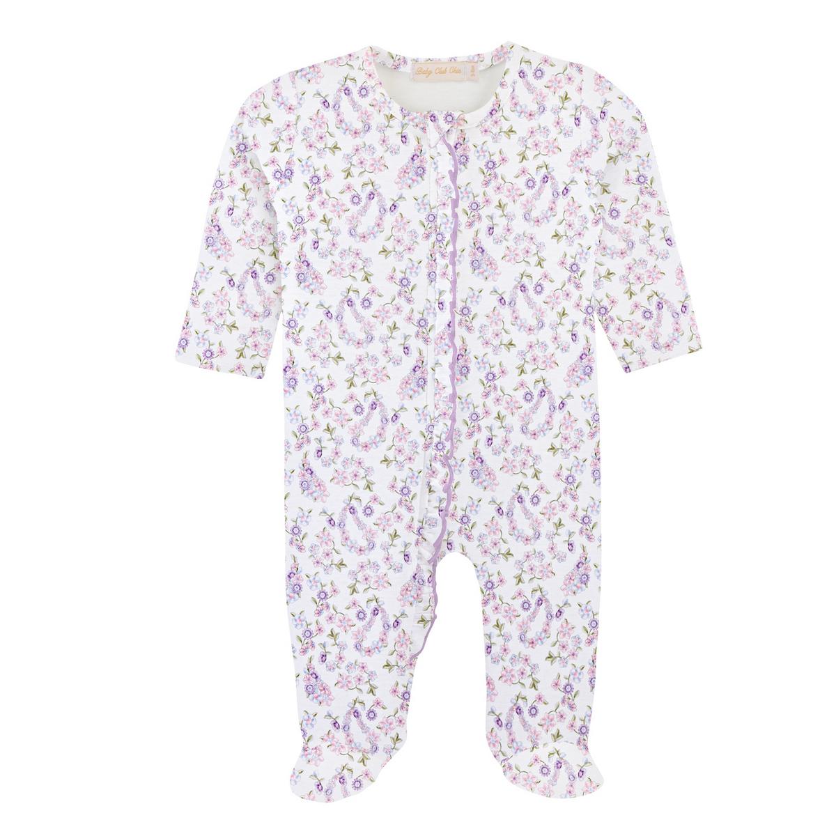 Baby Club Chic white footed sleeper with purple and pink floral print and front snap closure