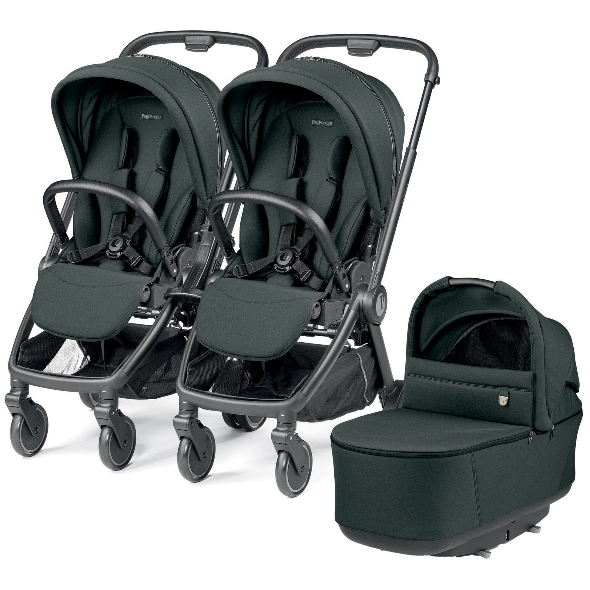 PEG City Loop Double Stroller + Pop Up Bassinet With Stand Bundle - Black / Metal / Metal - CLP-DBL-BAS-METAL