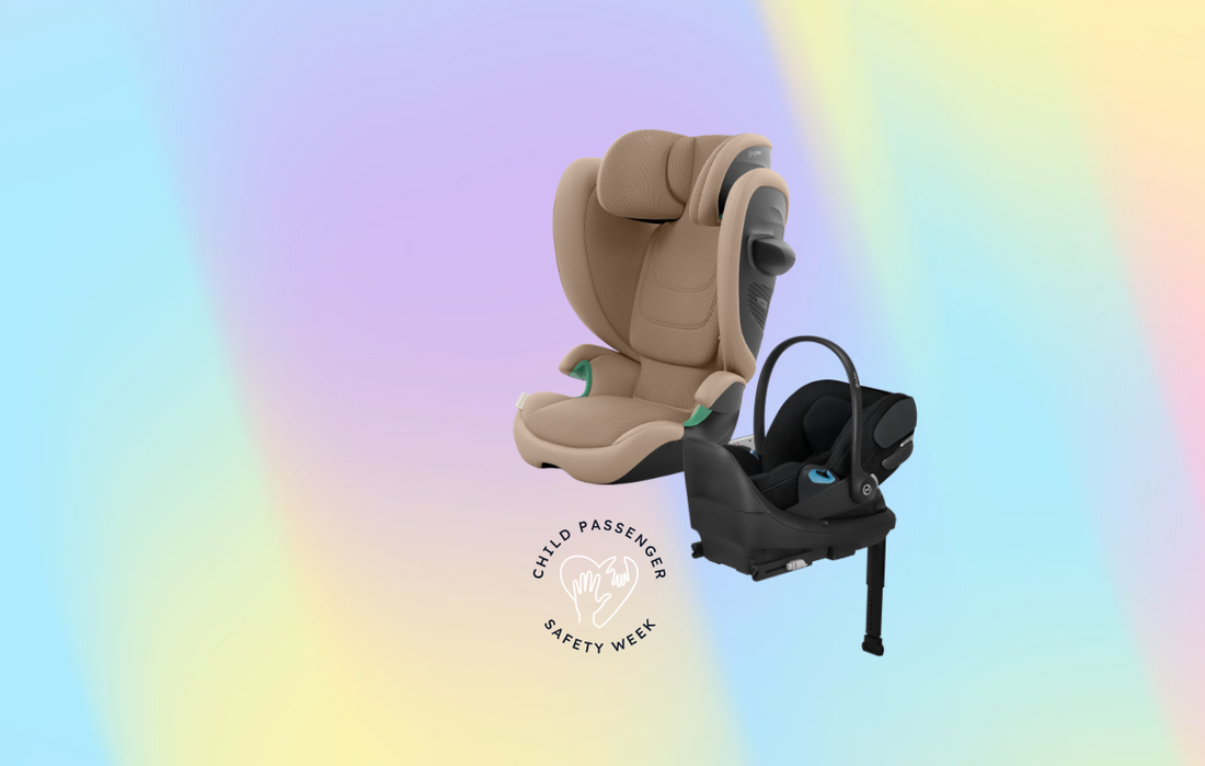 Cybex booster and infant car seat against a rainbow ombre background - child passenger safety week trade in event.