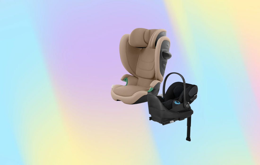 Cybex booster and infant car seat against a rainbow ombre background - child passenger safety week trade in event.