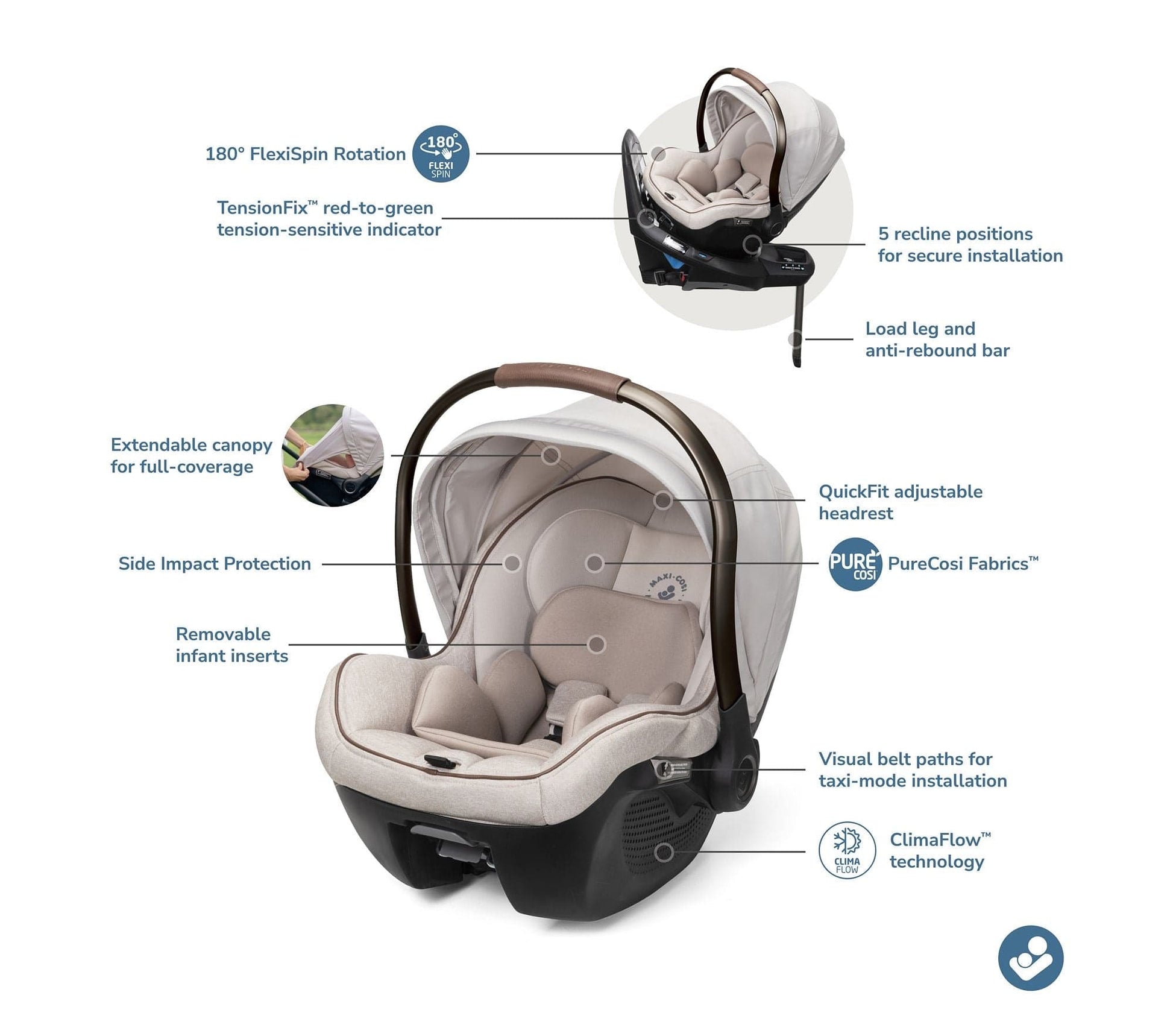 Maxi-Cosi Tana 360 + Peri 180 Rotating Infant Car Seat Travel System Bundle - Natural Heritage - CV452HDF-IC397HDF