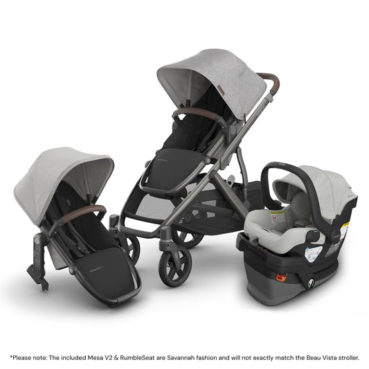 UPPAbaby Vista V3 Double Stroller with RumbleSeat V3 + Mesa V3 Travel System Bundle - Beau / Savannah