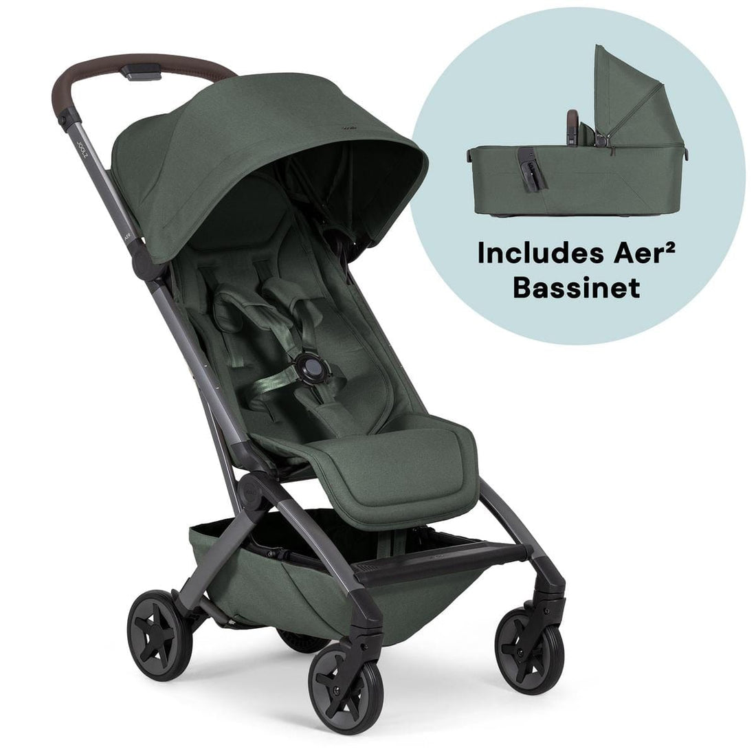 Joolz Aer2 Lightweight Compact Stroller + Bassinet Bundle - Forest Green - 440201-440251