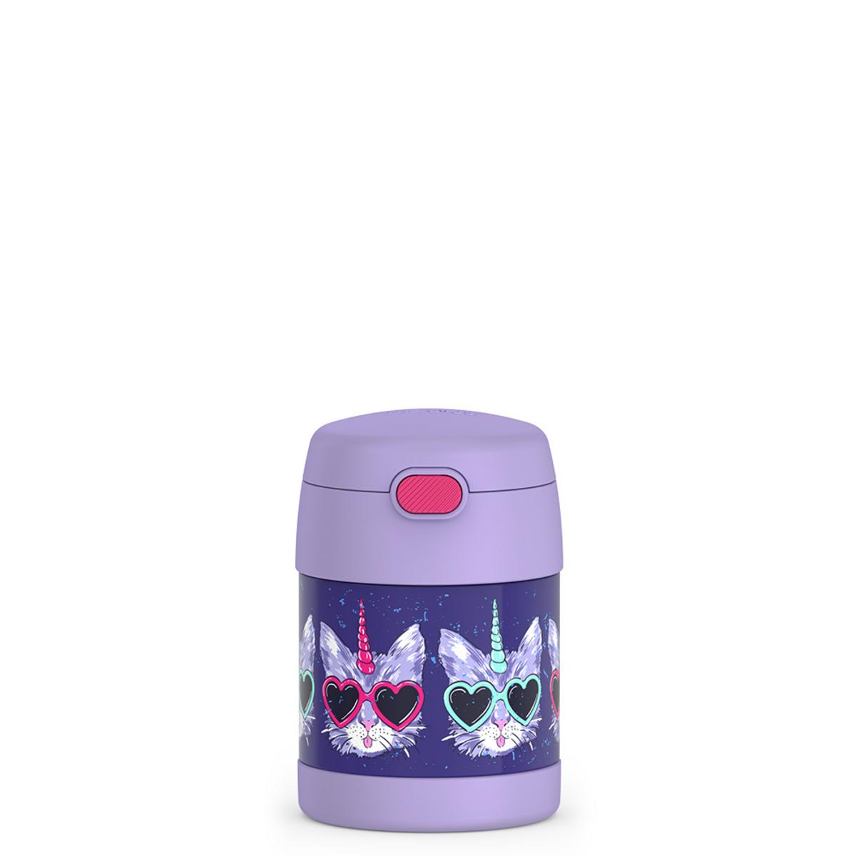 Thermos purple food jar with unicorn cat print and heart shaped sunglasses