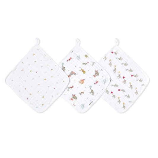 Aden + Anais Essentials Cotton Muslin Washcloths 3 pk - Elephant Circus - EWCC30017