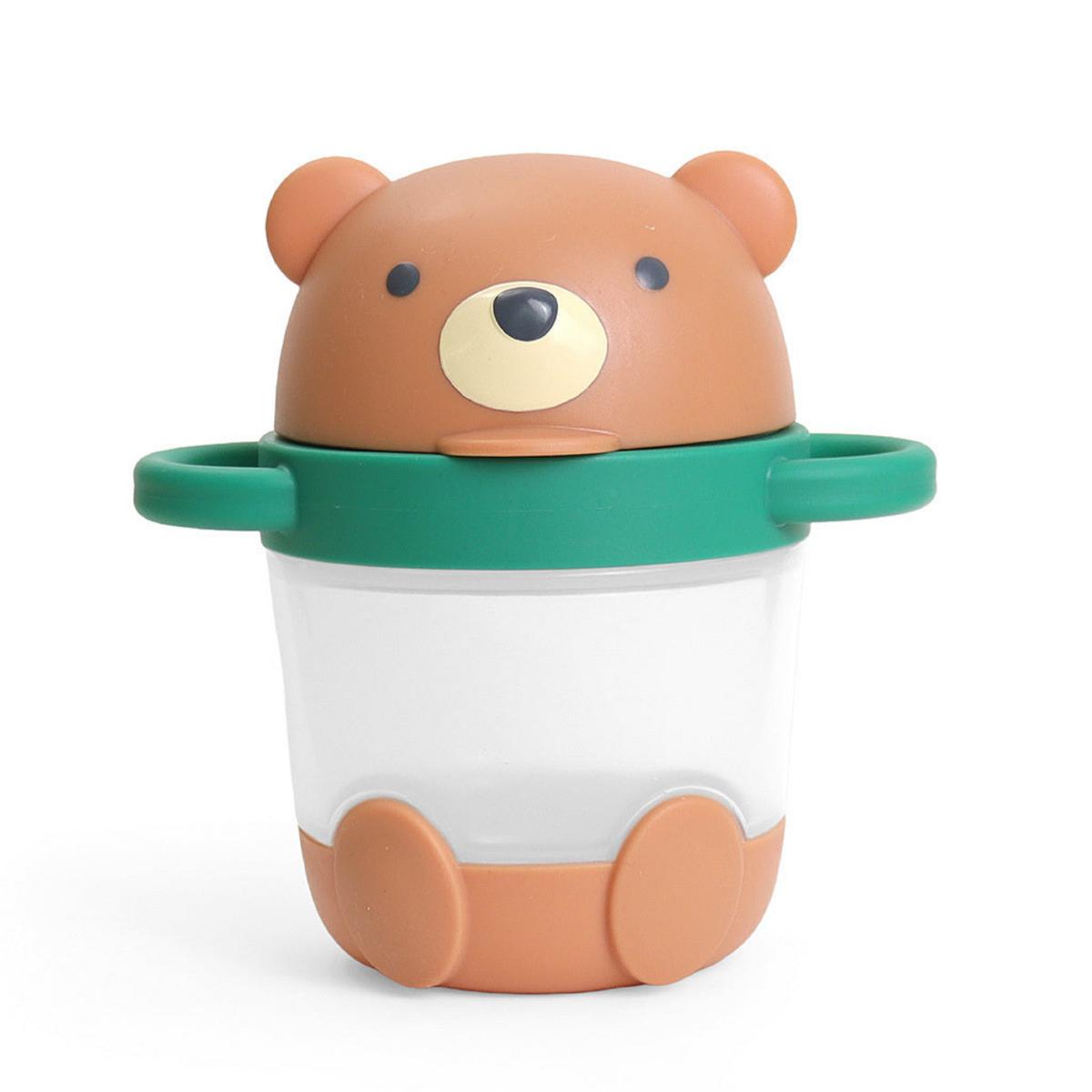 Itzy Ritzy bear shaped snack container with green handles and clear base