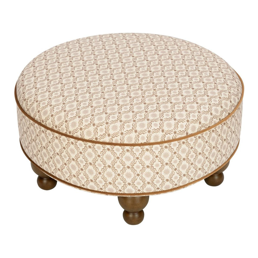 Babyletto round ottoman with tan patterned fabric and dark wood ball feet
