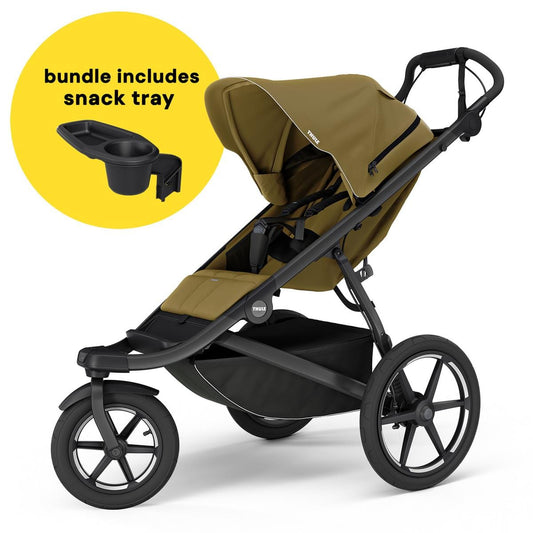 Thule Urban Glide 3 Single Jogging Stroller with NON-Magnetic Buckle + Snack Tray Bundle - Nutria Green - 10101974-20110766