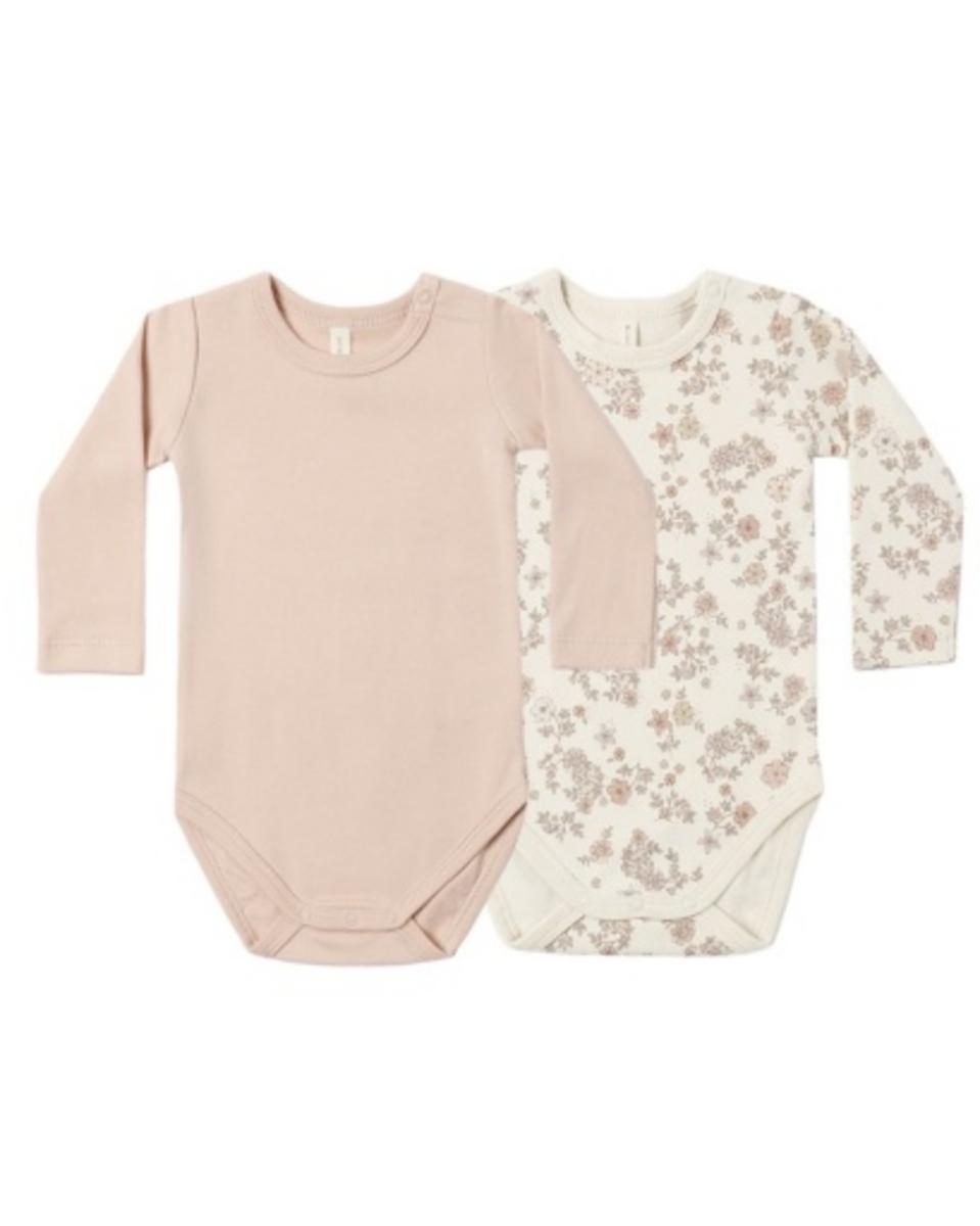 Quincy Mae long sleeve baby bodysuits in solid dusty pink and floral print