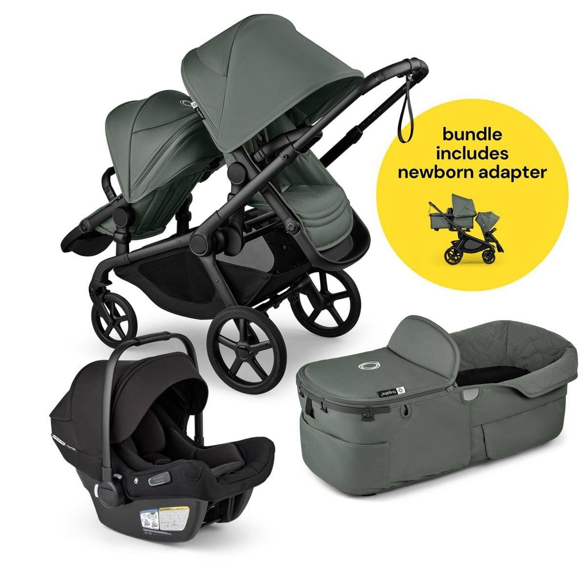 Bugaboo Kangaroo All-Position Newborn Double Stroller + Turtle Air Shield By Nuna Travel System Bundle - Black / Forest Green / Forest Green / Black - APN-TRVL-100280035-100281024
