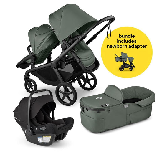 Bugaboo Kangaroo All-Position Newborn Double Stroller + Turtle Air Shield By Nuna Travel System Bundle - Black / Forest Green / Forest Green / Black - APN-TRVL-100280035-100281024