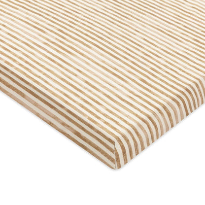 Babyletto crib sheet with tan and white thin striped pattern