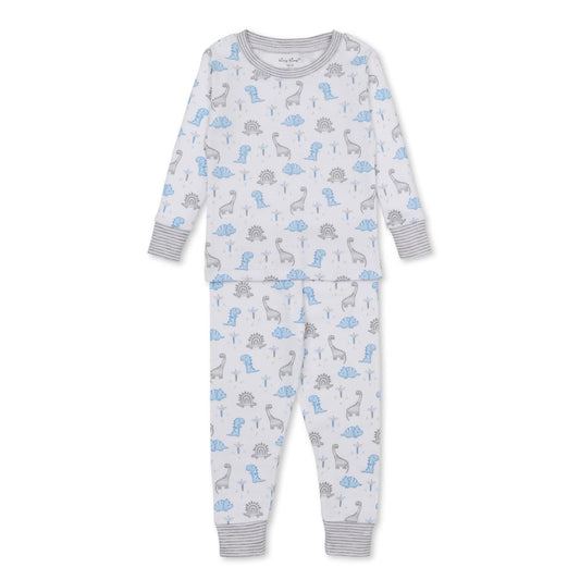 Kissy Kissy long sleeve pajama set with blue and grey dinosaur print on white fabric