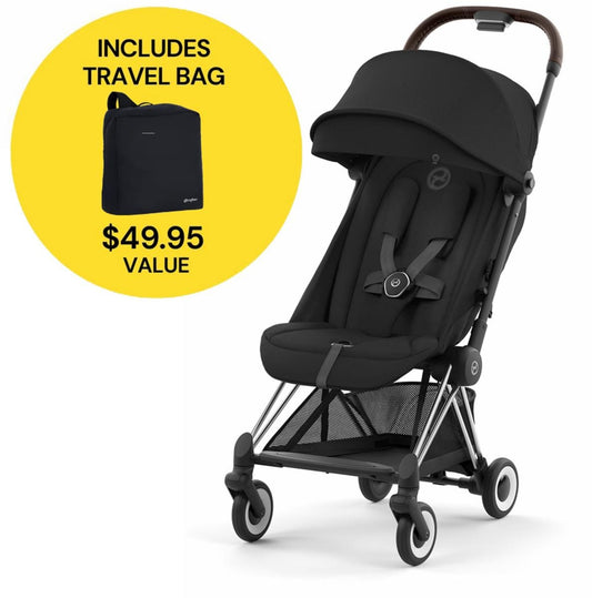 Cybex COYA Compact Stroller + Travel Bag Bundle - Chrome / Dark Brown / Sepia Black - 522004393-521001489