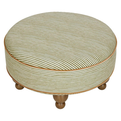 Babyletto round ottoman with green and white striped fabric and wooden ball feet