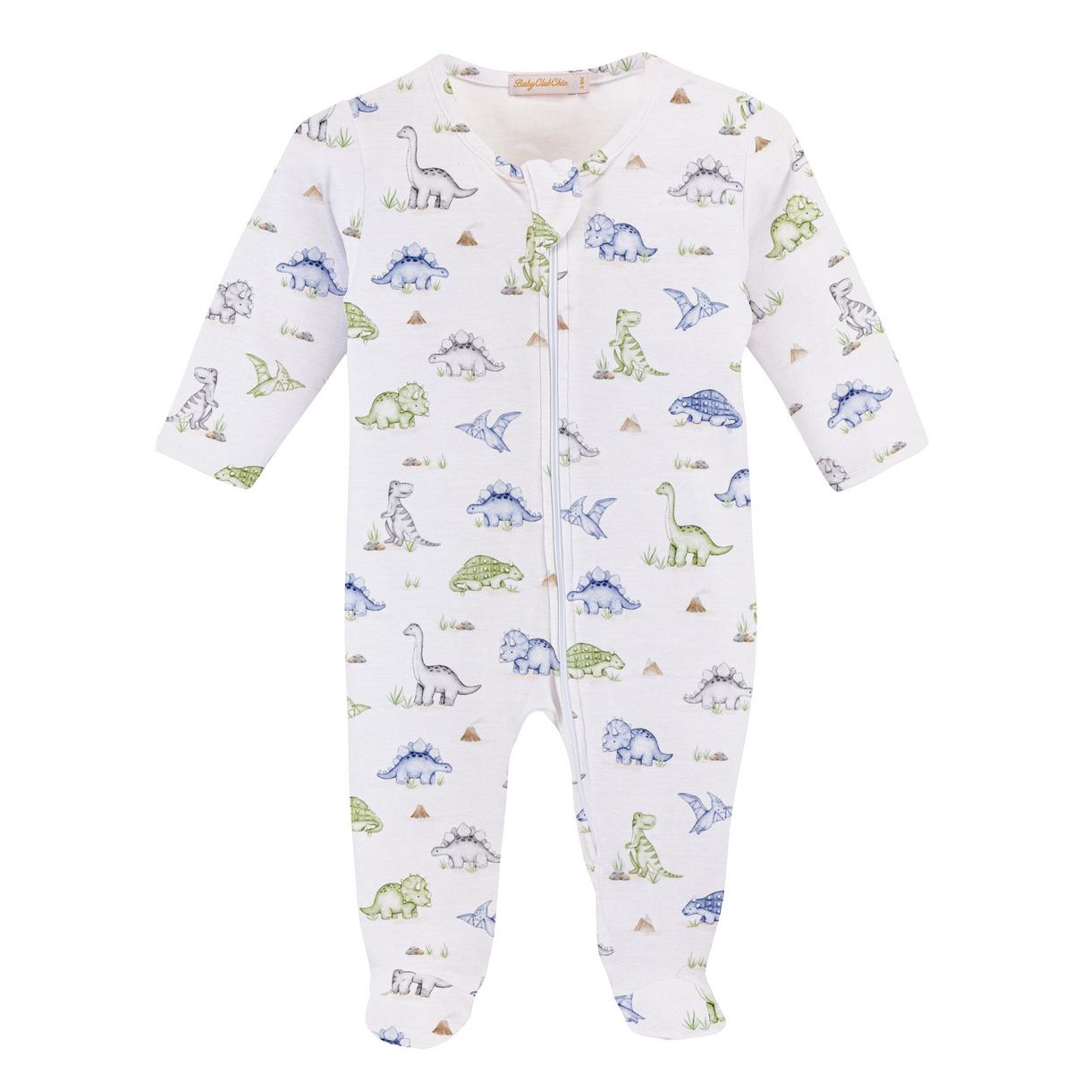 Baby Club Chic white footed sleeper with blue and green dinosaur print