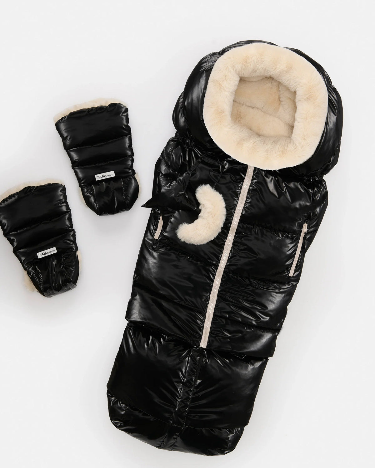 7AM Enfant Warmmuffs 212 - Black Liquid Shine / Arctic White Faux Fur, OS - Image 5