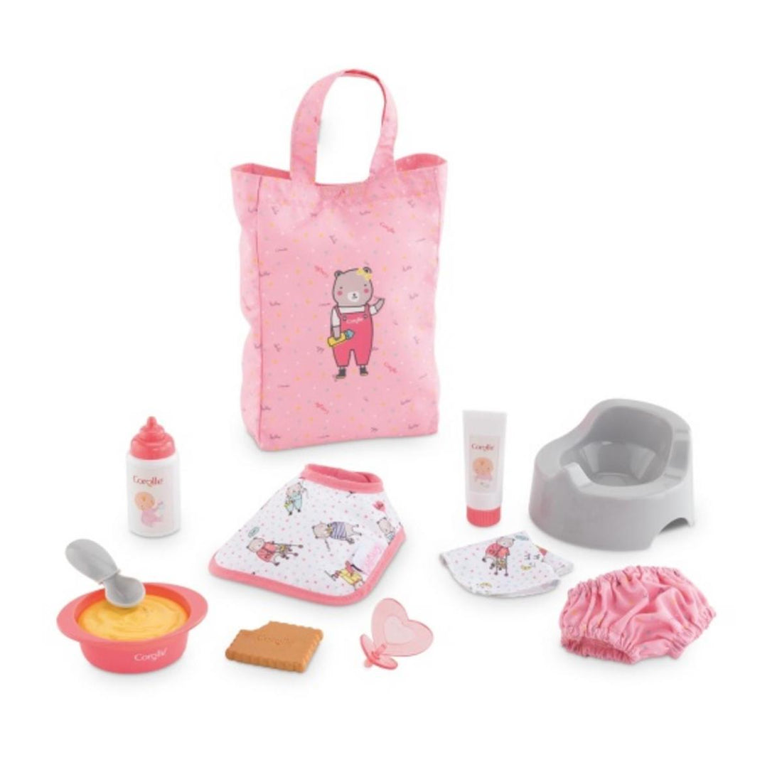 Corolle doll accessory set including a pink tote bag, feeding items, potty, and clothing