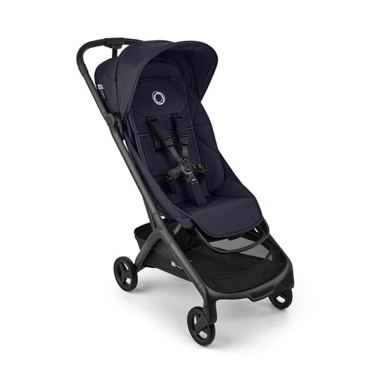 Bugaboo Butterfly stroller in midnight black with five point harness and underseat basket