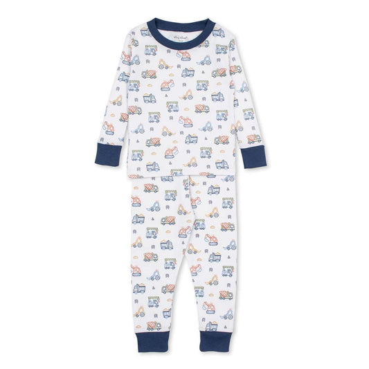Kissy Kissy long sleeve pajama set with construction vehicle print and navy blue cuffs