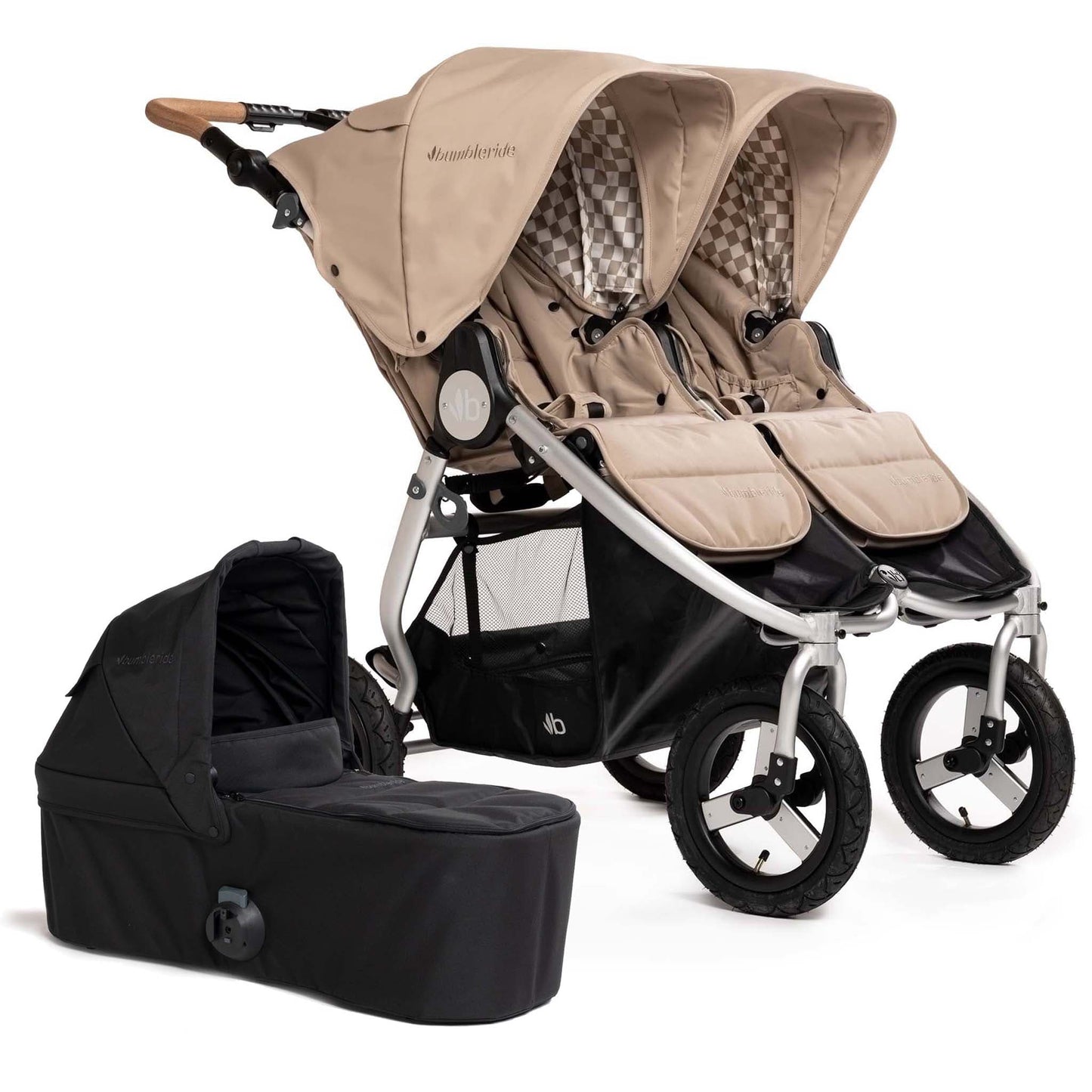 Bumbleride Indie Twin Double Stroller + Bassinet Bundle - Sand / Black - IT-985SA-BTN-82LC