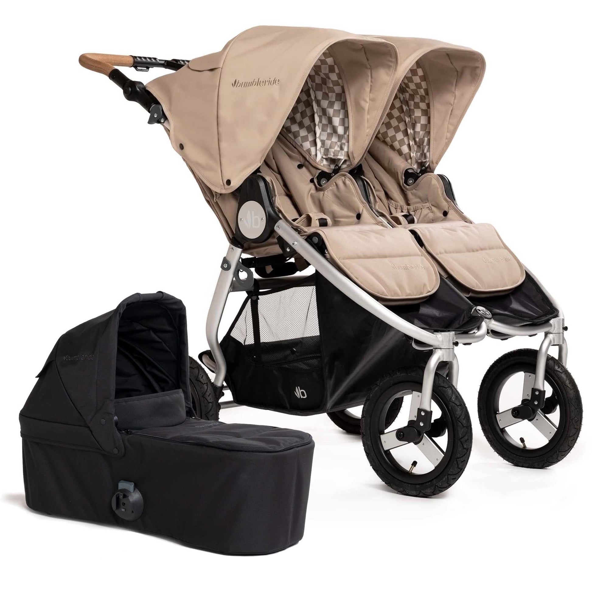 Bumbleride Indie Twin Double Stroller + Bassinet Bundle - Sand / Black - IT-985SA-BTN-82LC