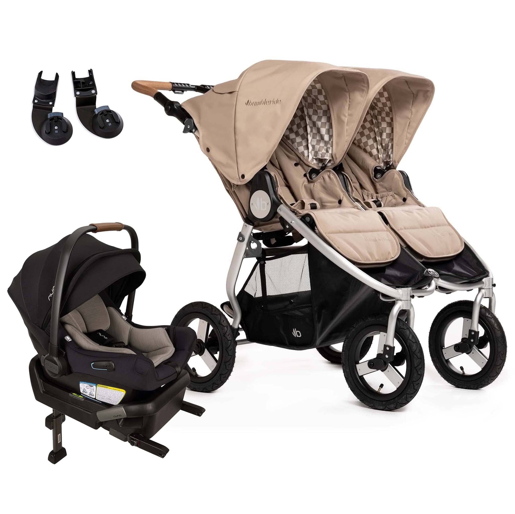 Bumbleride Indie Twin Double Stroller + Nuna PIPA Aire Travel System Bundle - Sand / Caviar - IT-985SA-CF18500CVR