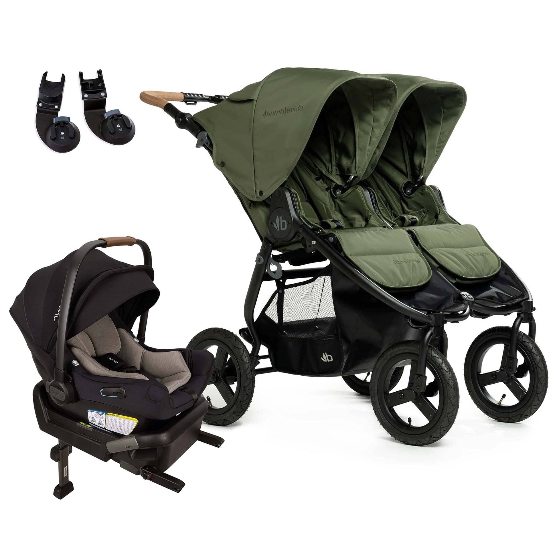 Bumbleride Indie Twin Double Stroller + Nuna PIPA Aire Travel System Bundle - Olive / Caviar - IT-985VE-CF18500CVR
