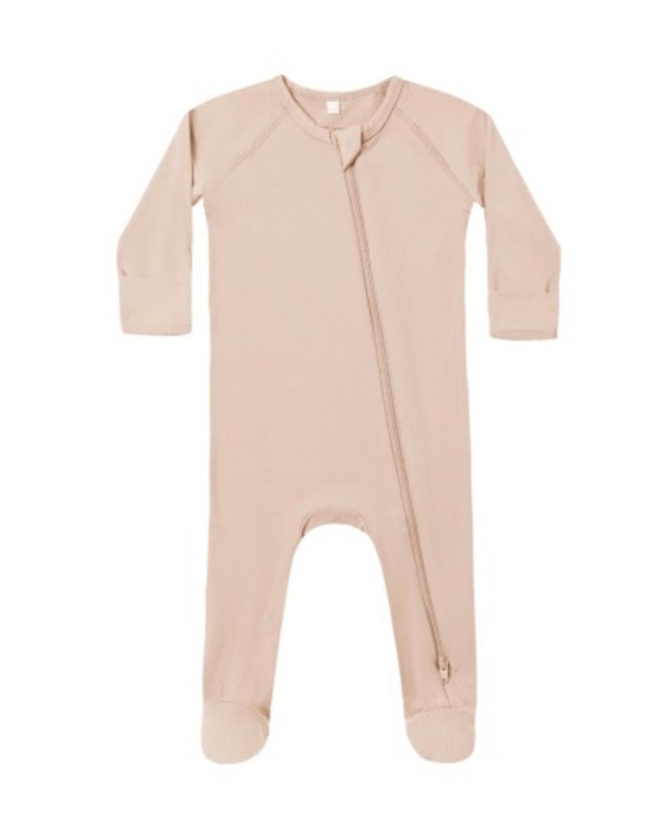 Light pink long sleeve baby footie sleeper with diagonal zipper closure