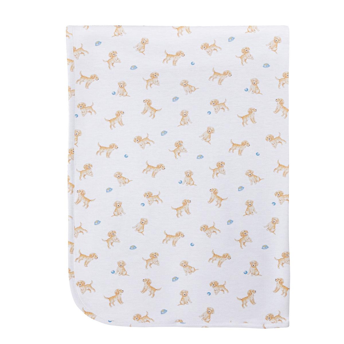 Baby Club Chic white baby blanket with golden retriever puppy and blue ball pattern