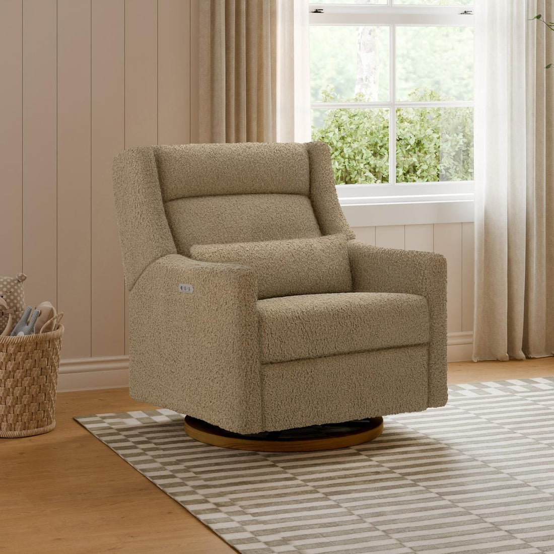Babyletto Kiwi Plus Chair and a Half Power Recliner and Swivel Glider with Power Adjustable Headrest and USB Port - Latte Teddy Loop with Dark Wood Base