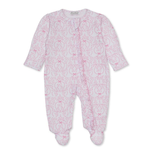 Kissy Kissy white footed sleeper with pink floral and ribbon print