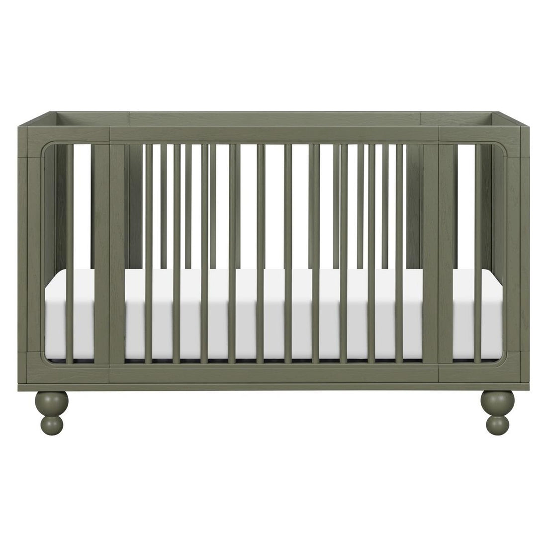 Babyletto olive green wooden crib with vertical slats and round feet