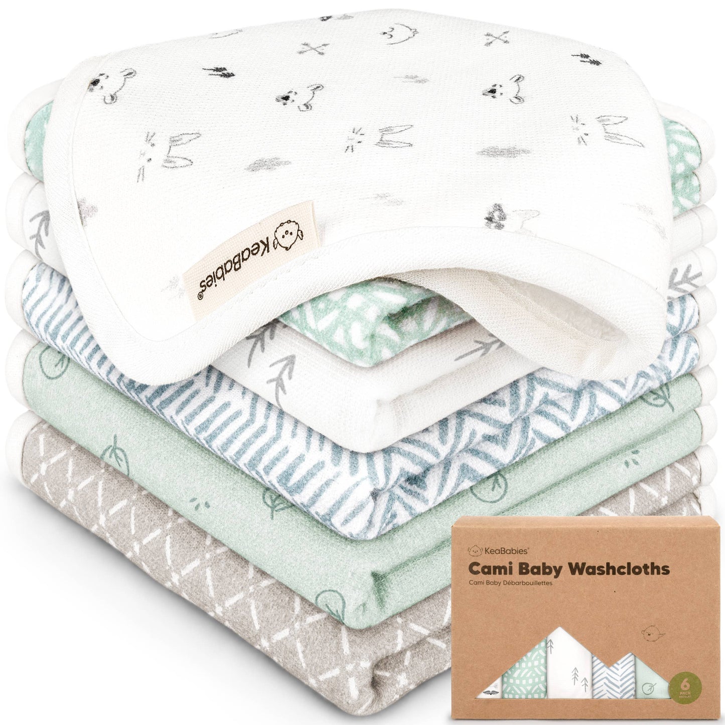 KeaBabies Organic Cami Baby Washcloths 6-Pack - Nordic