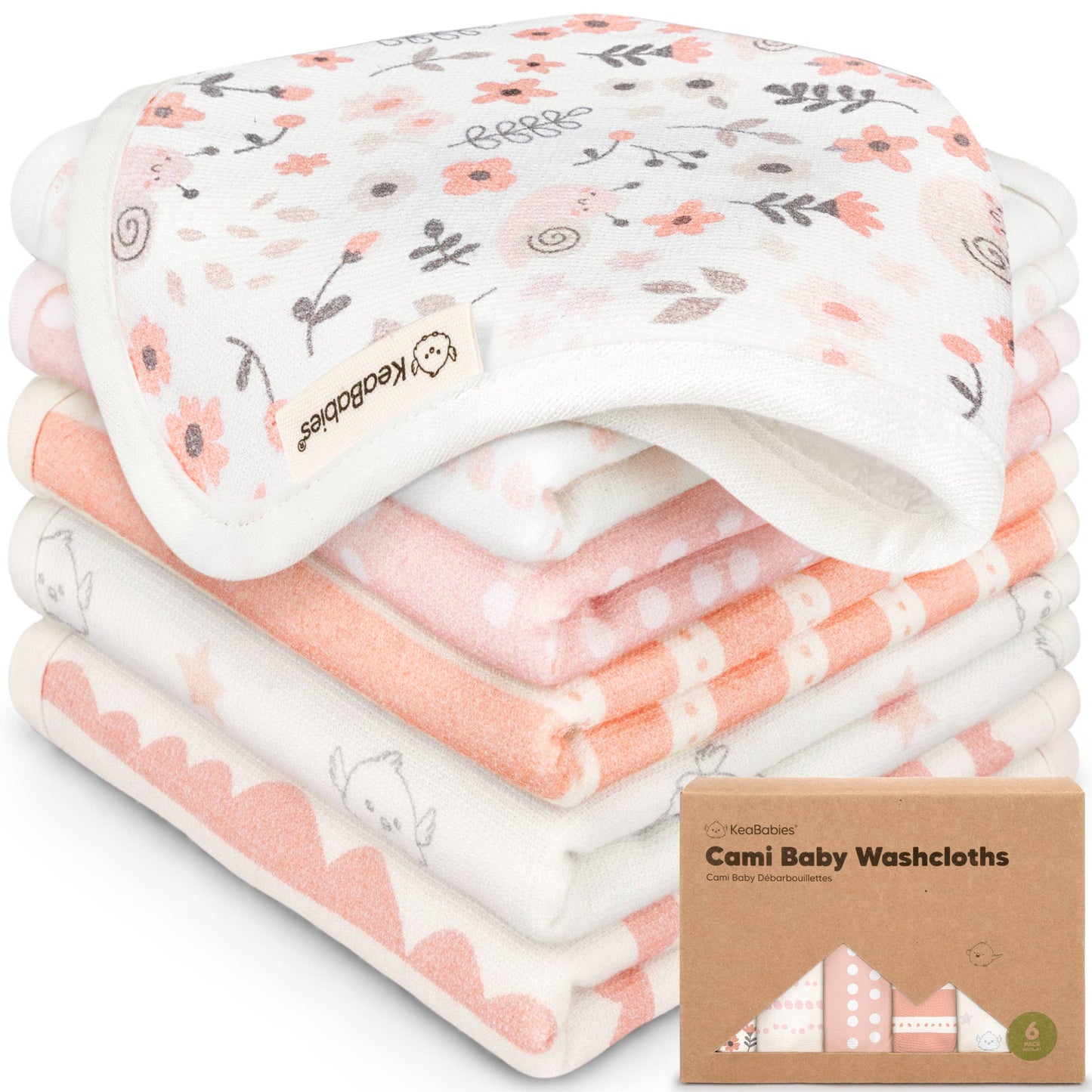 KeaBabies Organic Cami Baby Washcloths 6-Pack - Sweet Charm