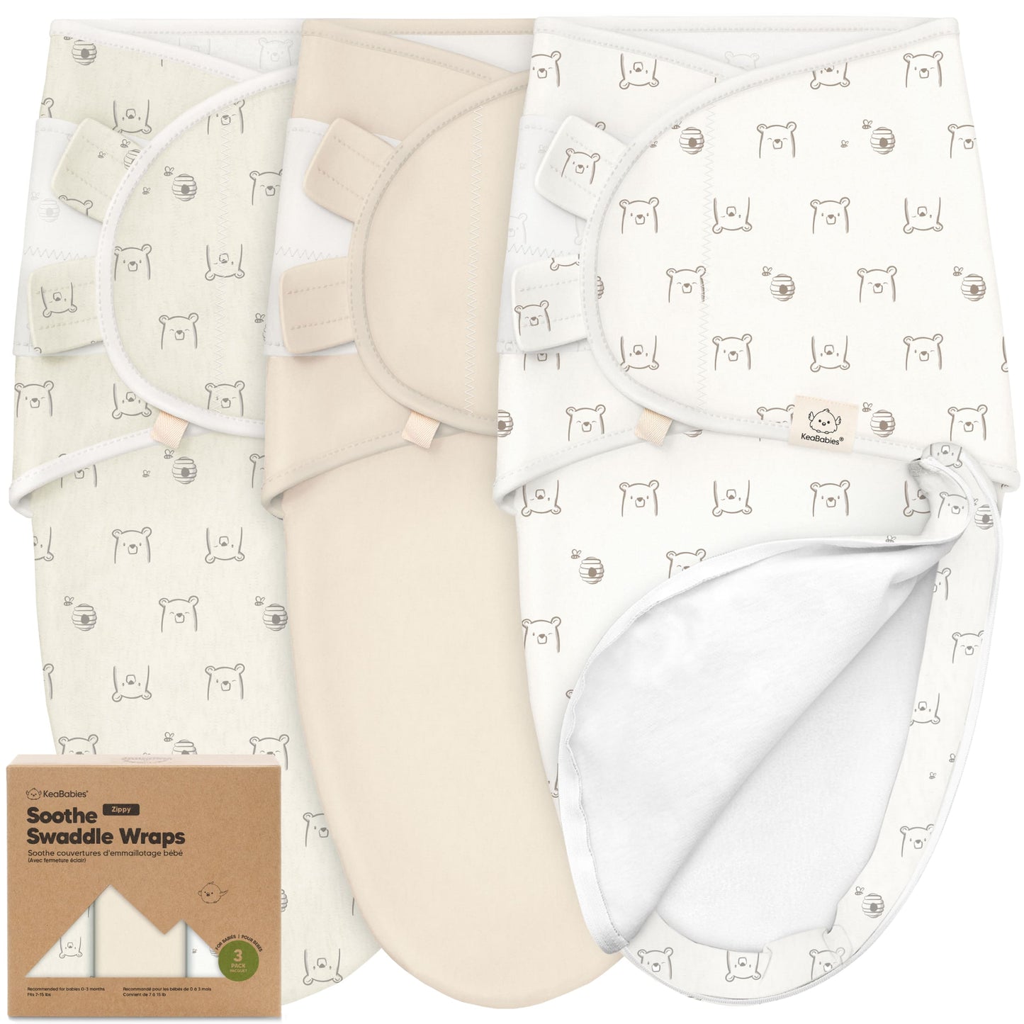 KeaBabies Soothe Zippy Baby Swaddles 3 Pack - Bumble Bear