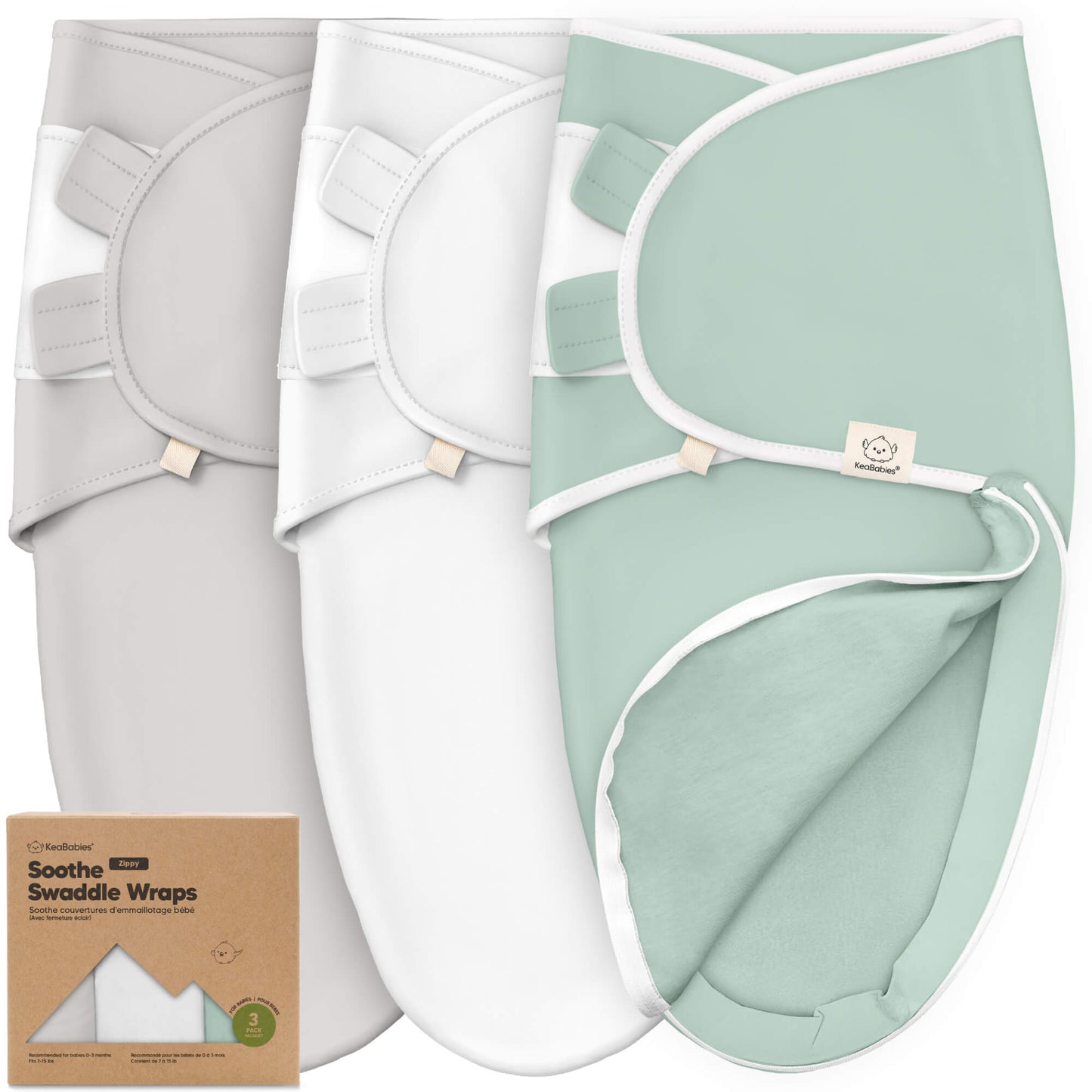 KeaBabies Soothe Zippy Baby Swaddles 3 Pack - Sage