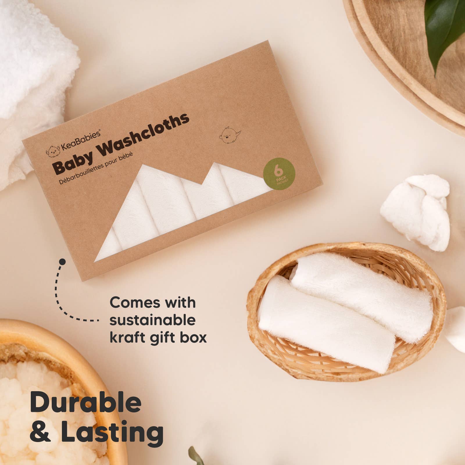KeaBabies Baby Wash Cloths 6-Pack - White