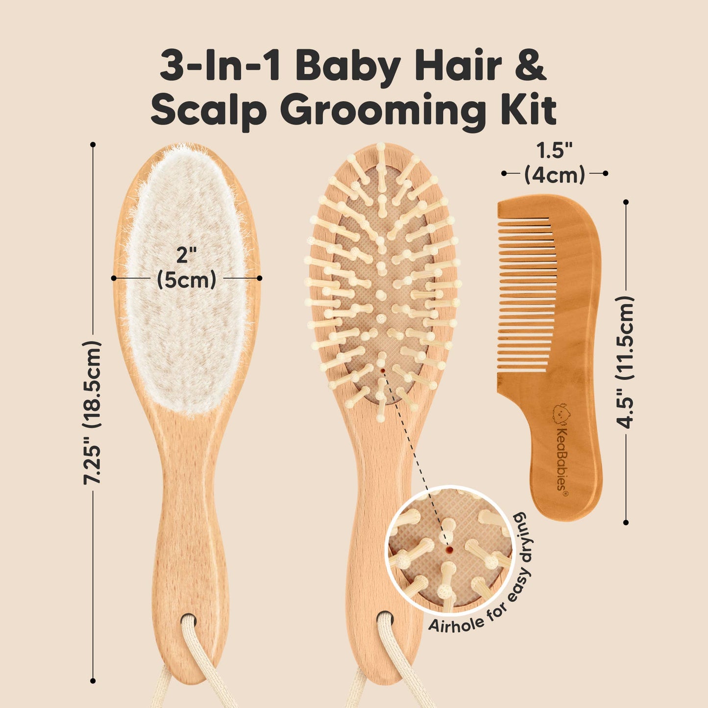 KeaBabies Baby Hair Brush and Comb Set - Walnut