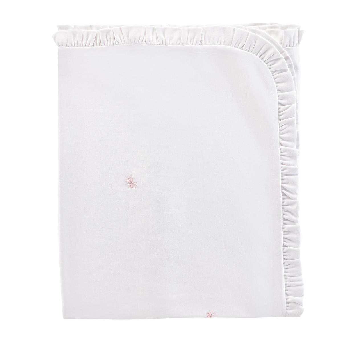 Baby Club Chic white baby blanket with pink embroidered bows and ruffled trim