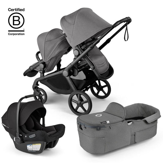 Bugaboo Kangaroo Double Stroller + Turtle Air Shield By Nuna Travel System Bundle - Black / Moon Grey / Moon Grey - TRVL-100280033-100281023