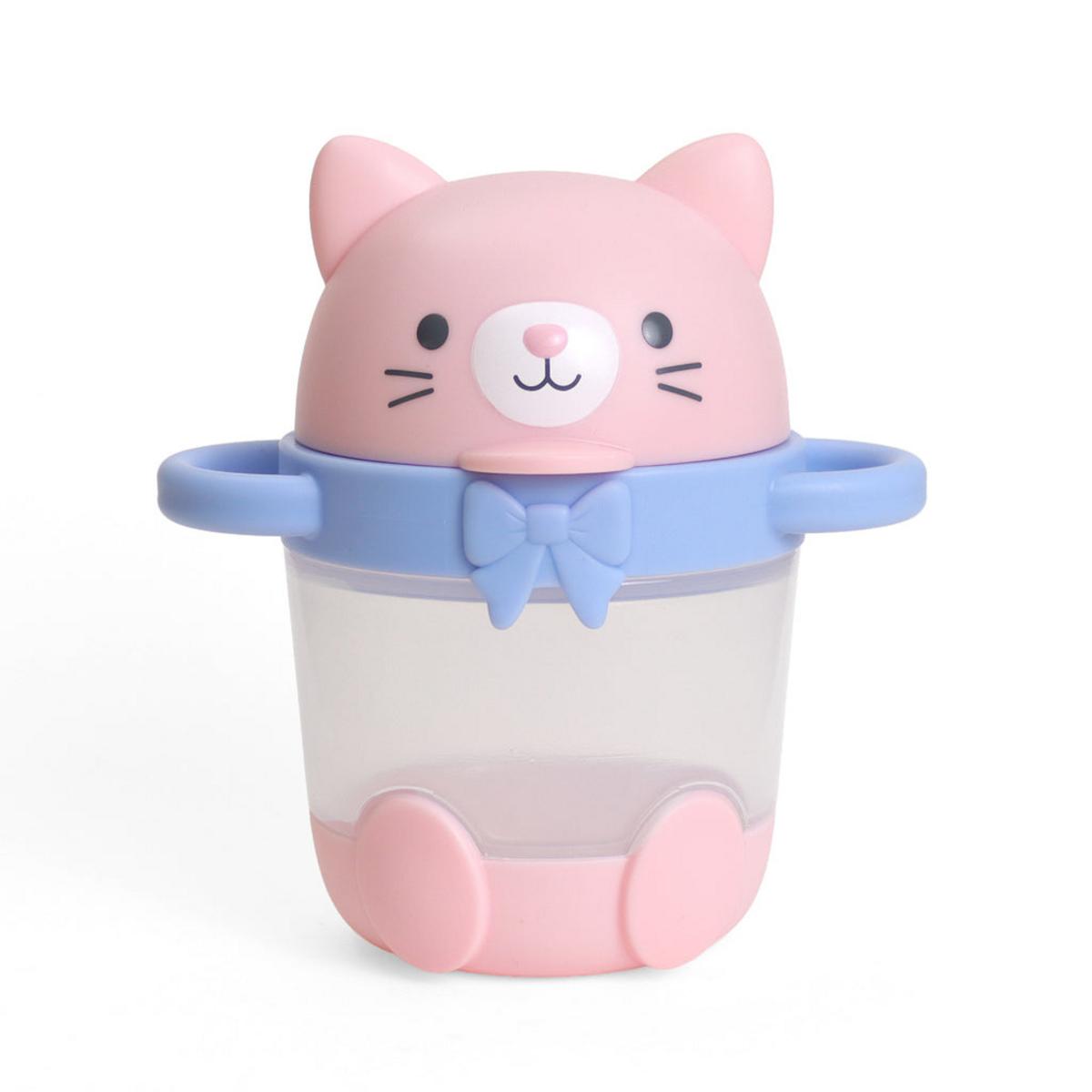 Itzy Ritzy cat shaped snack container with blue handles and bow